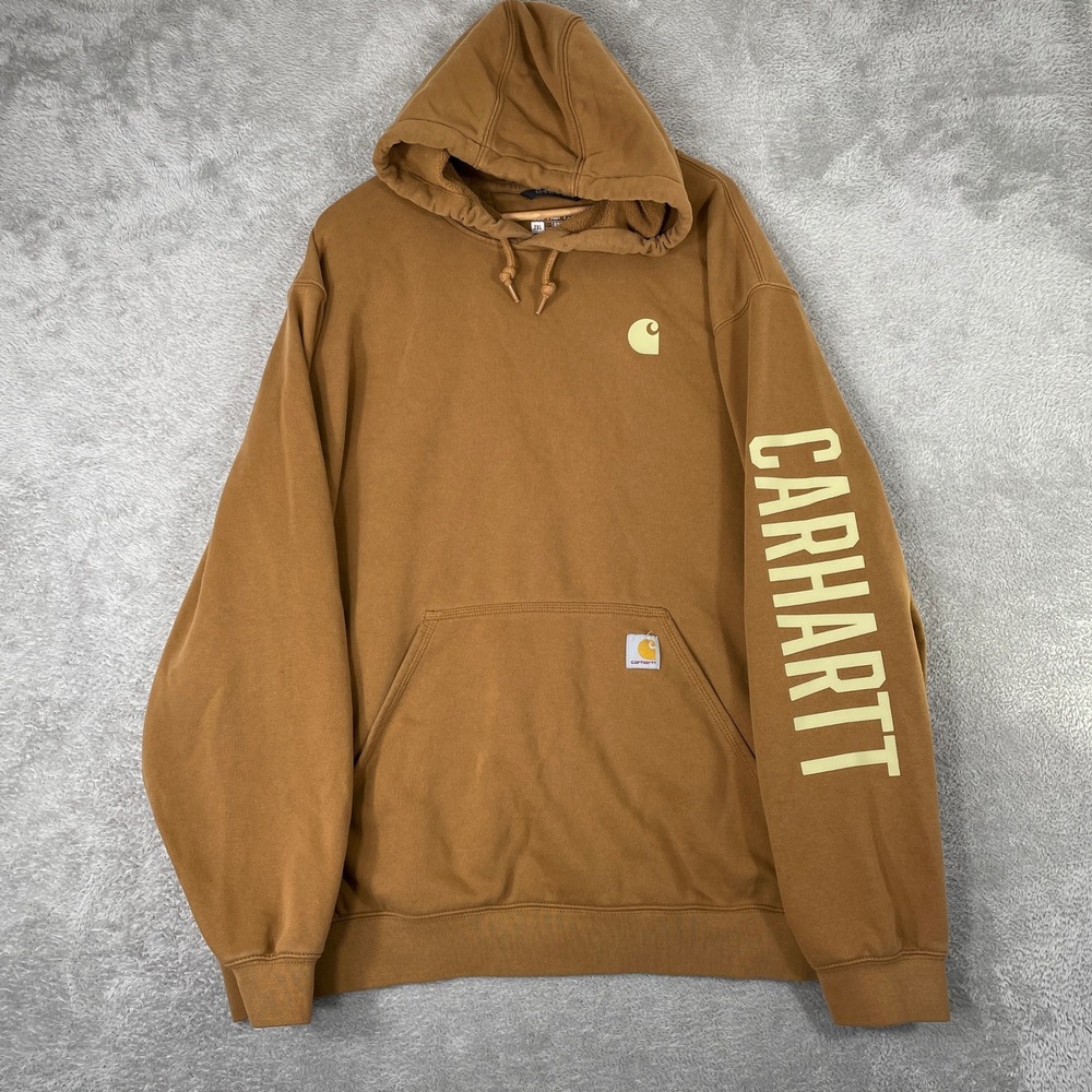 Carhartt Rain Defender Hoodie Mens 2XL Brown Graphic Logo Sleeve Loose Fit